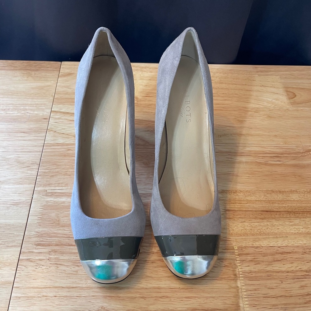 Talbots Gray Suede Block Heel Pumps Metallic Cap Toe Shoes 10.5M